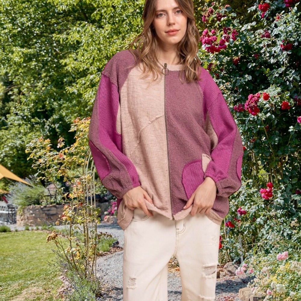 Blue Velvet XL Women's Patchwork Front Zip Top - Pink and Beige